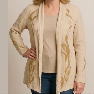 Anthropologie thin knit ecru gold metallic feather print open cardigan sweater M